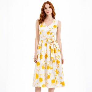 Ann Taylor Floral Tie Waist Midi Dress Yellow Small Sleeveless Easter Spring